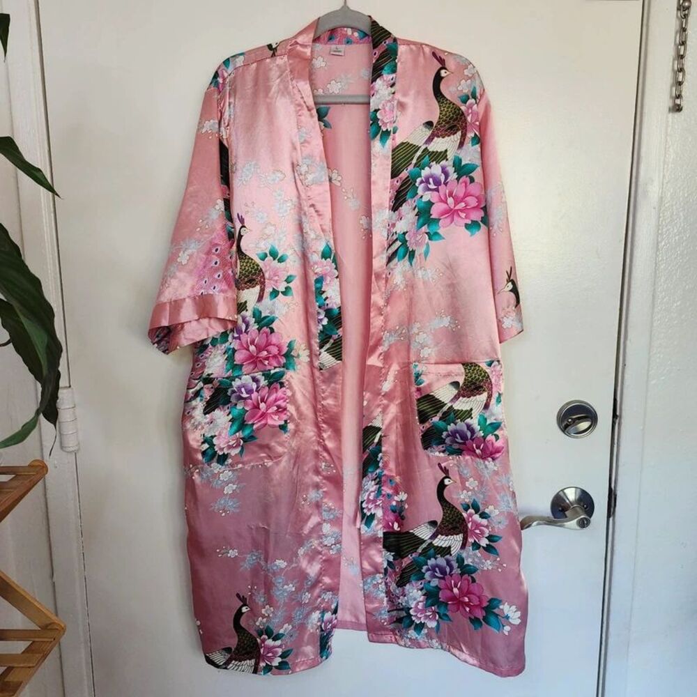 Pink Peacock Floral Satin Kimono Robe L Whimsy Hippie Boho Lounge Duster